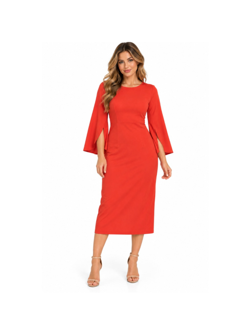Women’s Coral Red Midi Dress - Size L - Split Bell Sleeves Hem Slit - NWOT